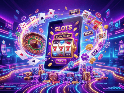 Luxury casino interior with golden lighting and modern machines